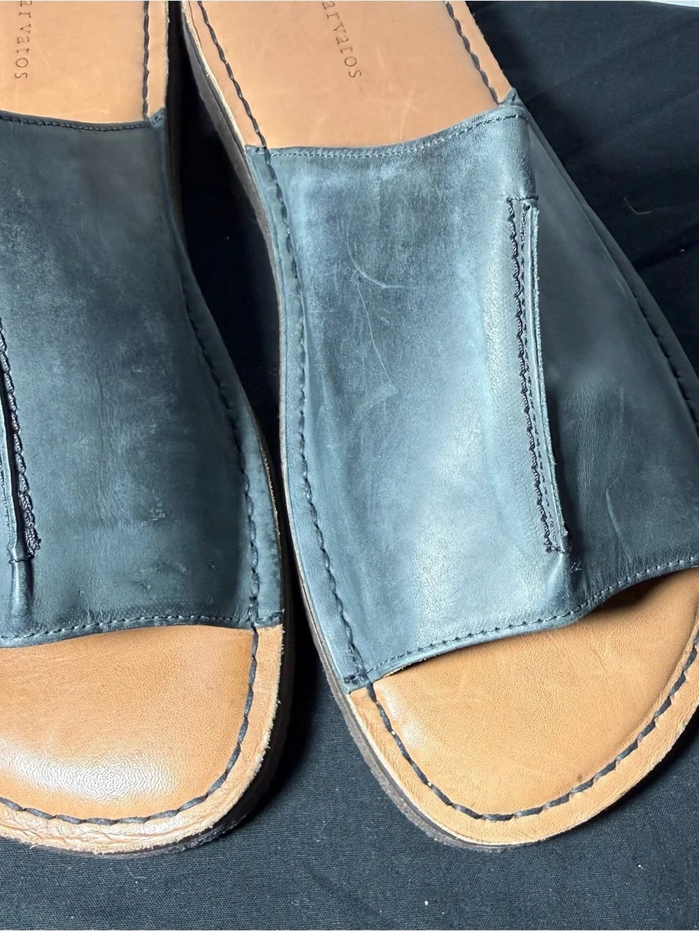 John Varvatos Black Leather Slide Sandals with Tan Footbed